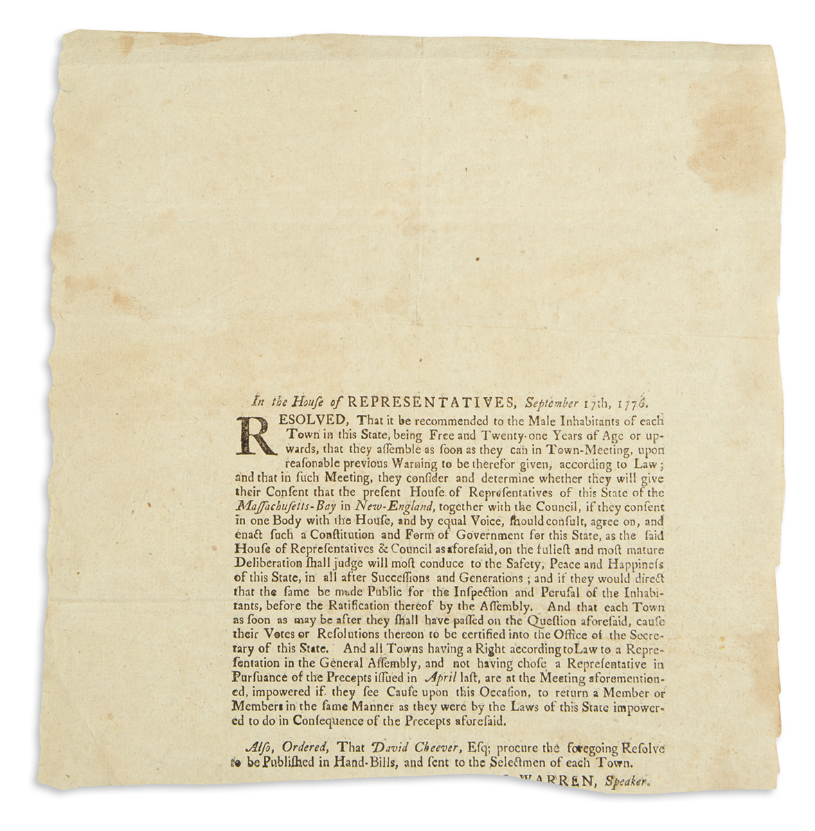 (AMERICAN REVOLUTION--1776.) A resolution to begin work on a new constitution for the state of Massachusetts.